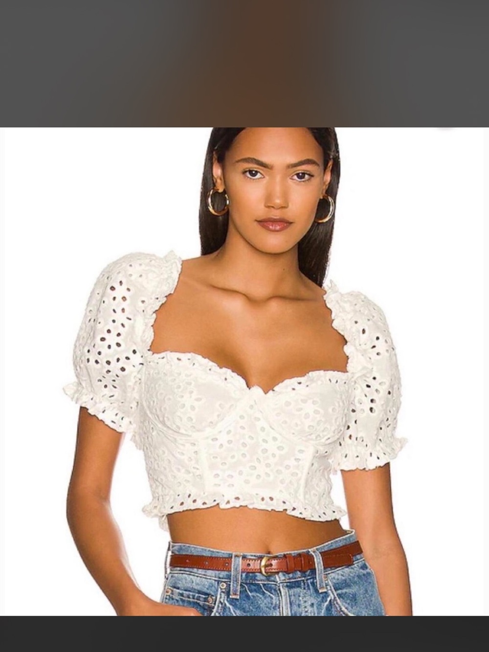 For Love & Lemons White Eyelet Puff-Sleeve Crop Top